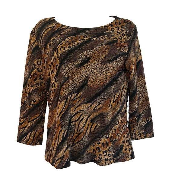 Brittany Black Tops - Vtg USA Made Animal Print Leopard Top Sz M  Sheer Stretch Brittany Black